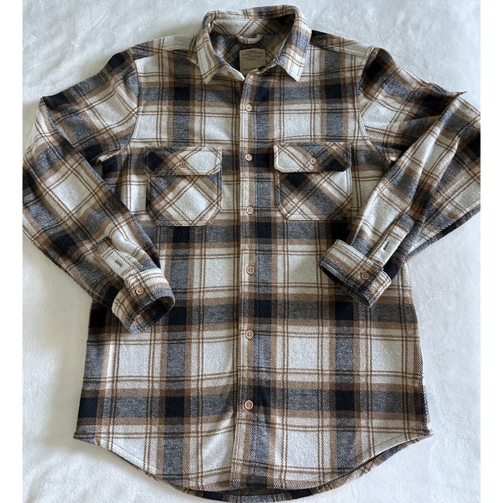 Telluride Mens M Flannel Plaid Button Up Shirt Shacket Cream Black Double Pocket